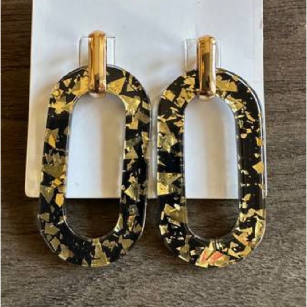 Black/Gold Confetti Acrylic Earrings- New
